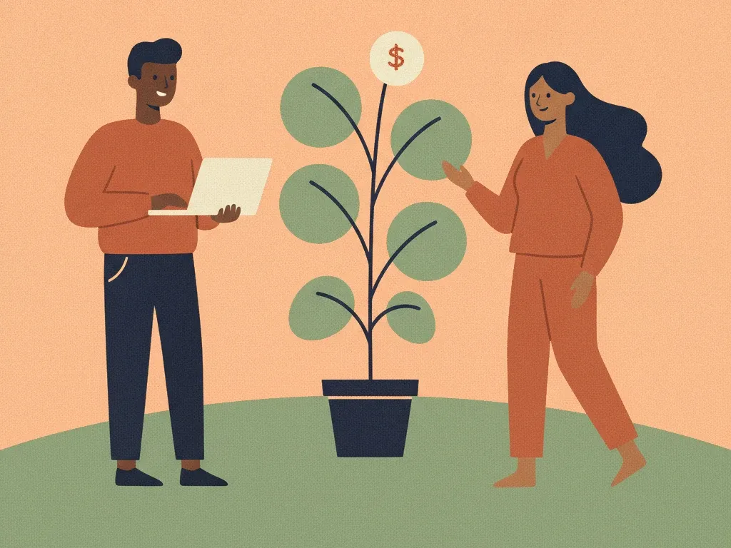 Illustration of a man holding a laptop and a woman beside a tall potted plant with a round coin blossom.