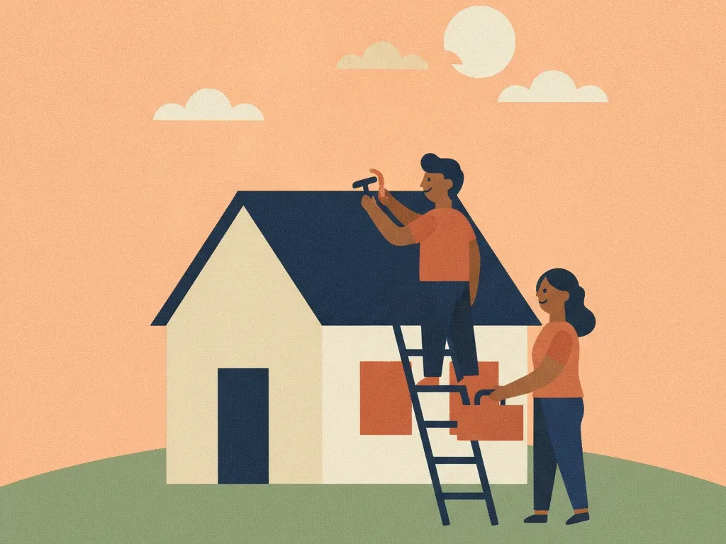 Illustration of two people repairing the roof of a small house with a ladder after a storm.