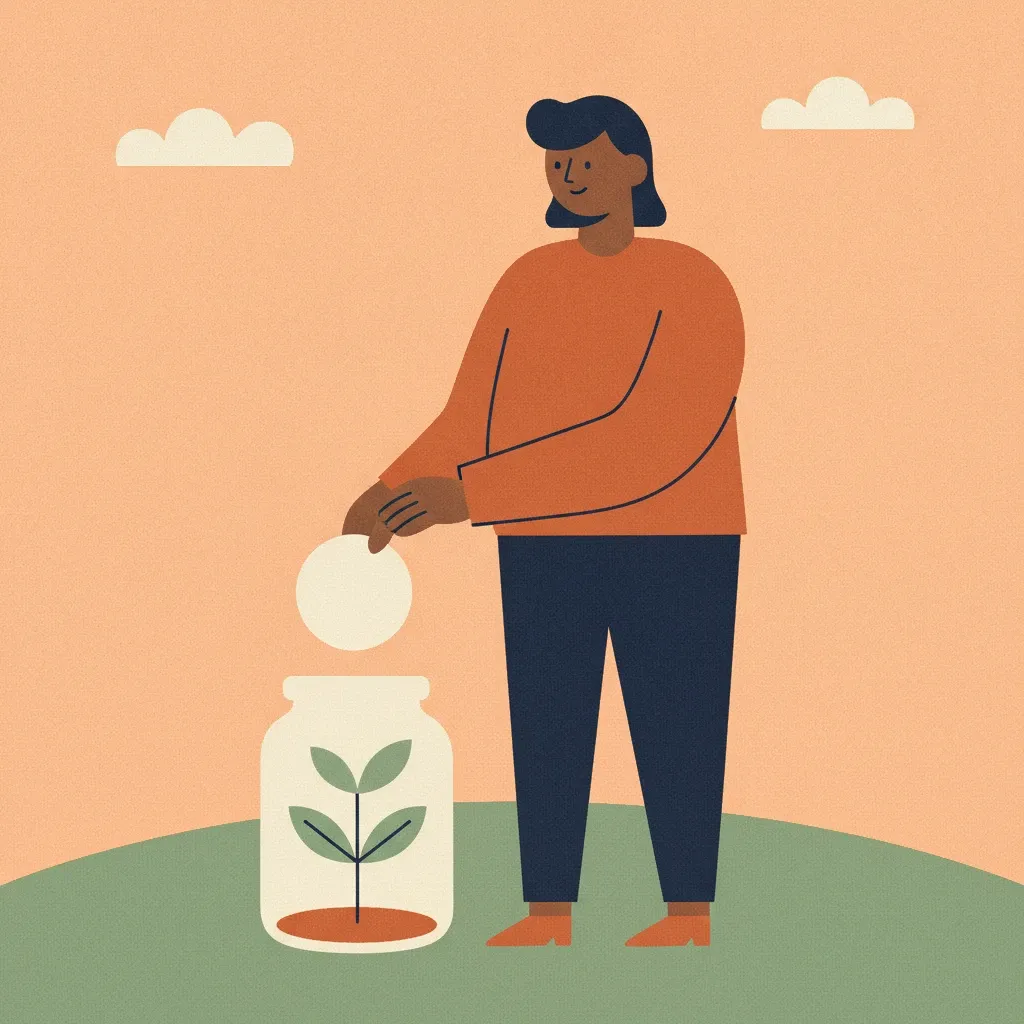 Illustration of a woman dropping a coin into a glass jar where a young plant is growing.