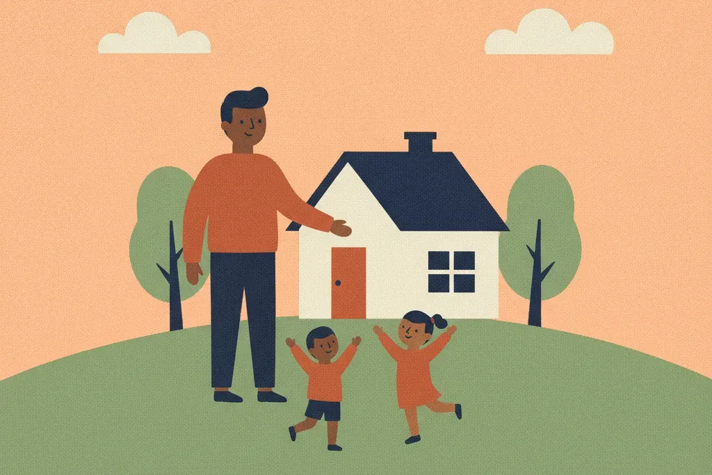 Illustration of a father standing beside a small house while two children raise their arms on the hill.