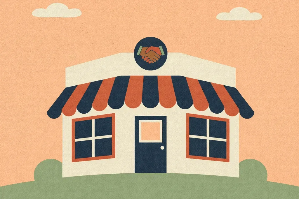 Illustration of a corner shop with a striped navy and terracotta awning and a handshake badge.