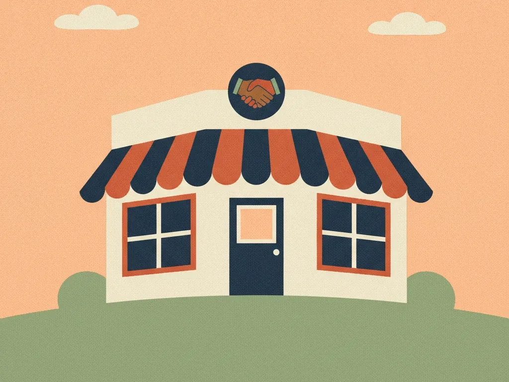 Illustration of a corner shop with a striped navy and terracotta awning and a handshake badge.