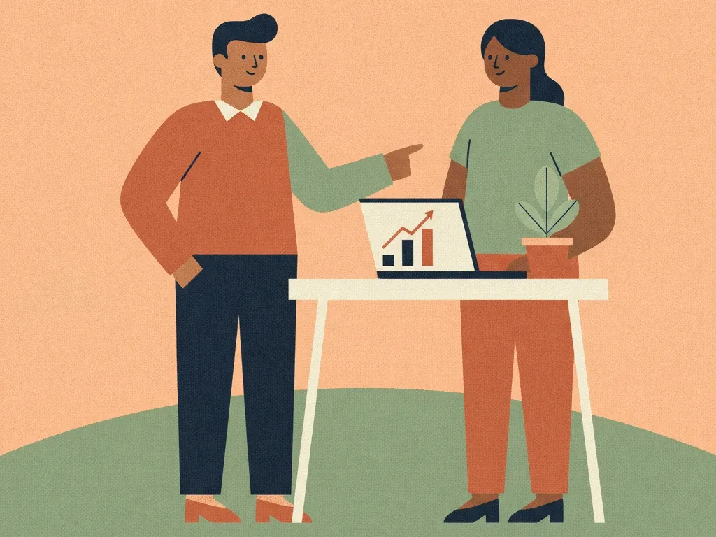 Illustration of two coworkers at a desk, one pointing to a rising chart on a laptop.