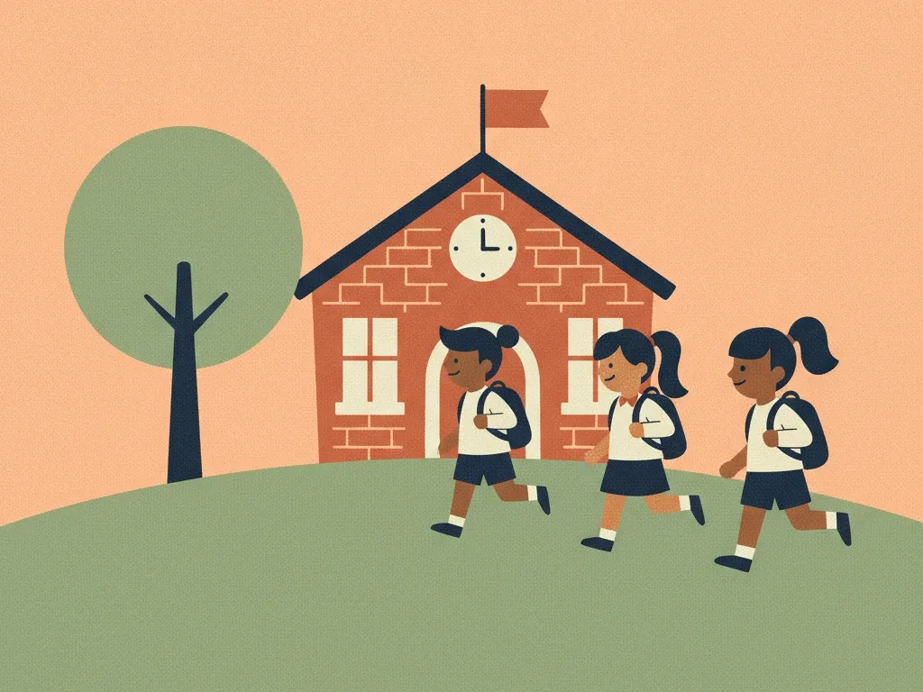 Illustration of three students with backpacks running past a brick schoolhouse with a clock and a flag.
